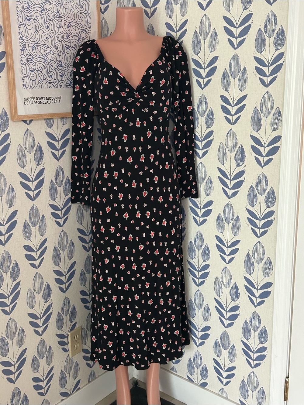 Boden Black Midi Dress with Pink and White Floral Print